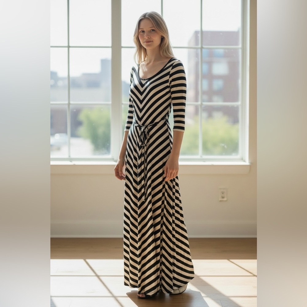 Calvin Klein Black and White Striped Chevron Maxi Dress Size 10 - Picture 3 of 7